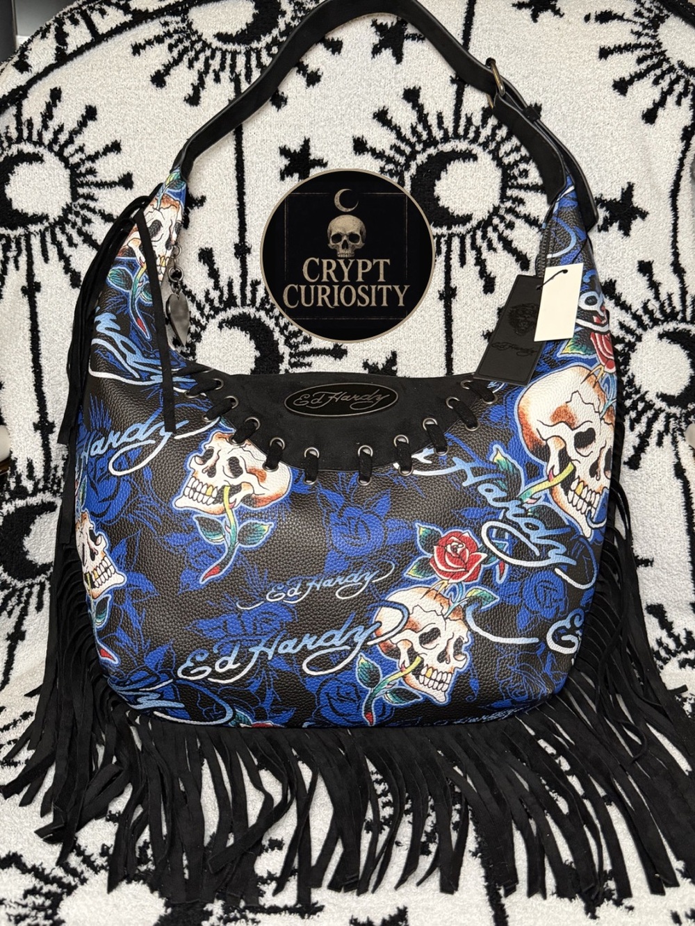 Ed Hardy Blue Fringe Hobo Bag Purse